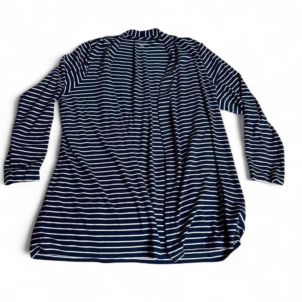 Lands' End navy and white striped open-front cardigan